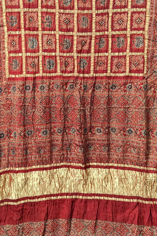 Shop the Latest Red Ajrakh Modal Silk Saree with Block Print Design - Luxurion World