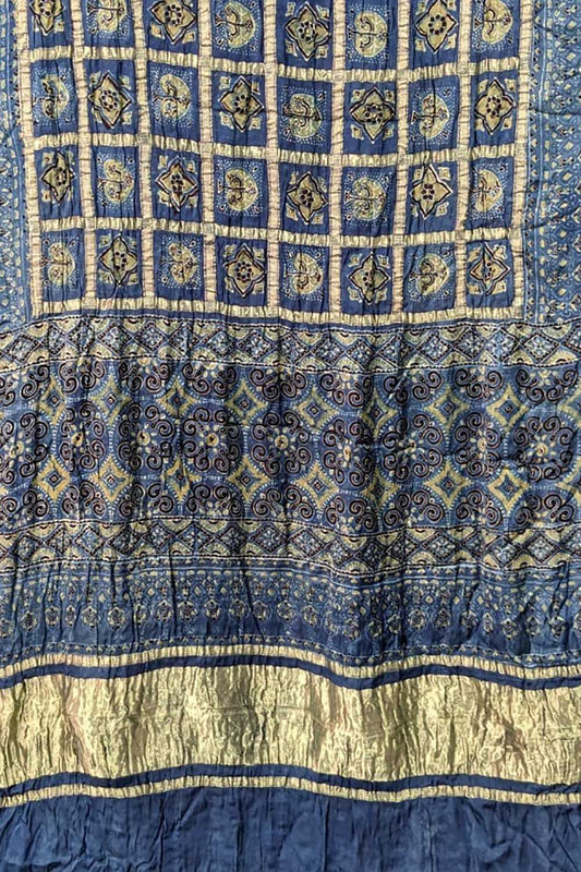 Shop the Blue Ajrakh Modal Silk Saree - Hand Block Printed | Order Now! - Luxurion World