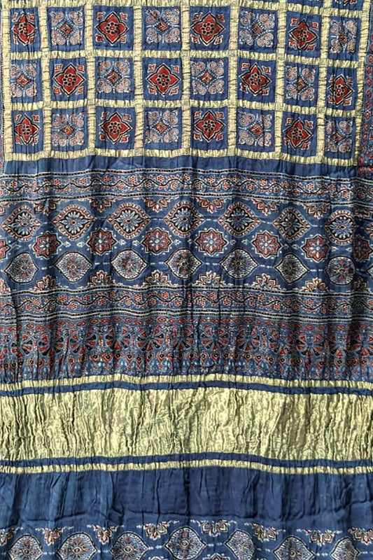 Shop the Exquisite Blue Ajrakh Modal Silk Saree - Hand Block Printed Today! - Luxurion World