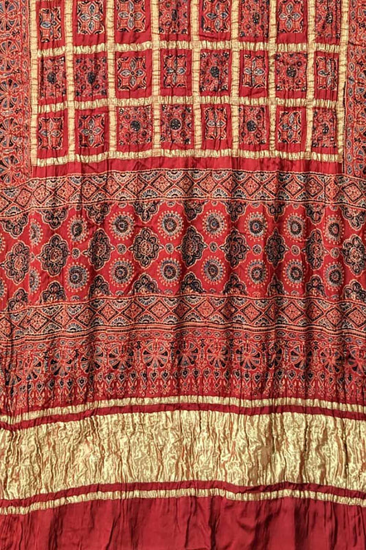 Shop the Red Ajrakh Modal Silk Saree with Block Print - Get Stunning Style! - Luxurion World