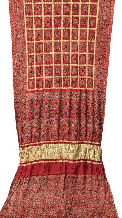 Shop the Red Ajrakh Modal Silk Saree with Block Print - Get Stunning Style!