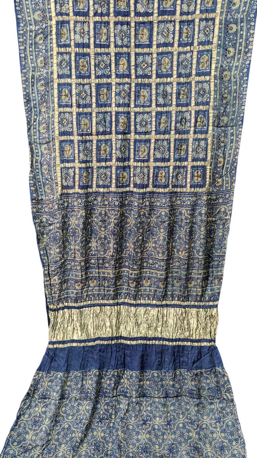 Get enchanted by our hand block printed blue Ajrakh modal silk saree - Luxurion World