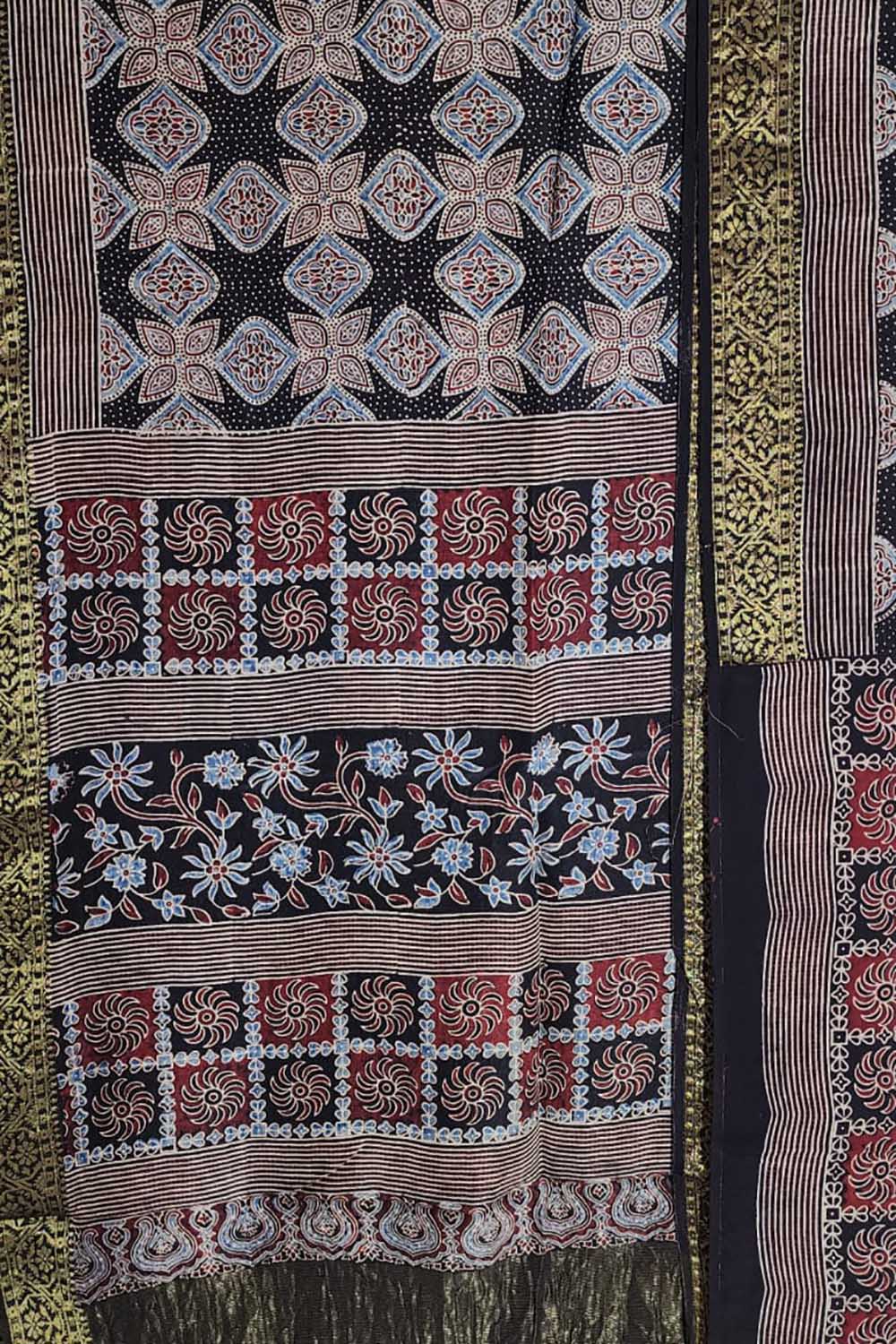 Shop the Stunning Black Ajrakh Block Printed Dola Silk Saree - Limited Stock! - Luxurion World