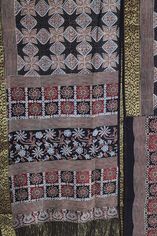 Shop the Stunning Black Ajrakh Block Printed Dola Silk Saree - Limited Stock! - Luxurion World