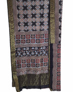 Shop the Stunning Black Ajrakh Block Printed Dola Silk Saree - Limited Stock! - Luxurion World