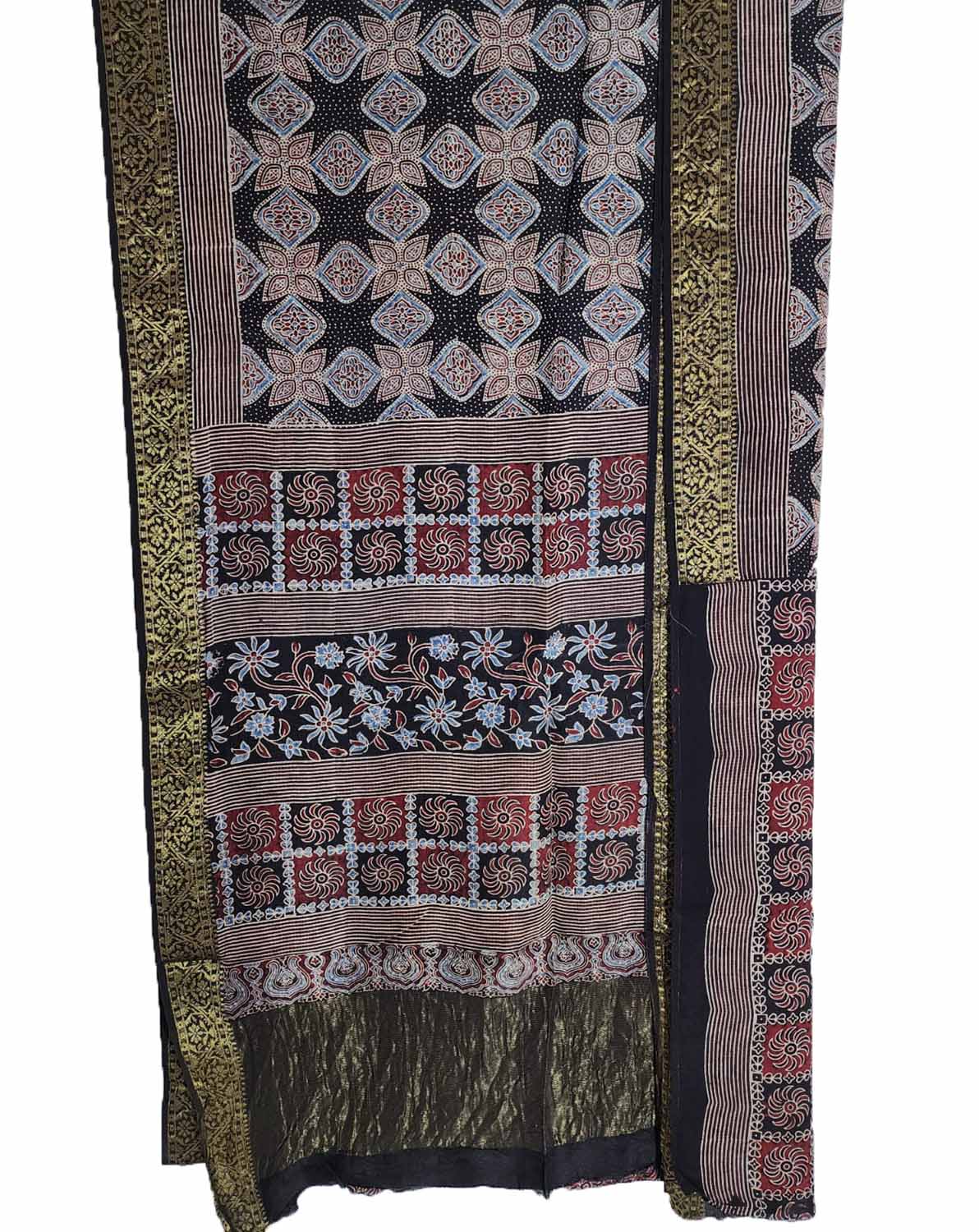Shop the Stunning Black Ajrakh Block Printed Dola Silk Saree - Limited Stock! - Luxurion World