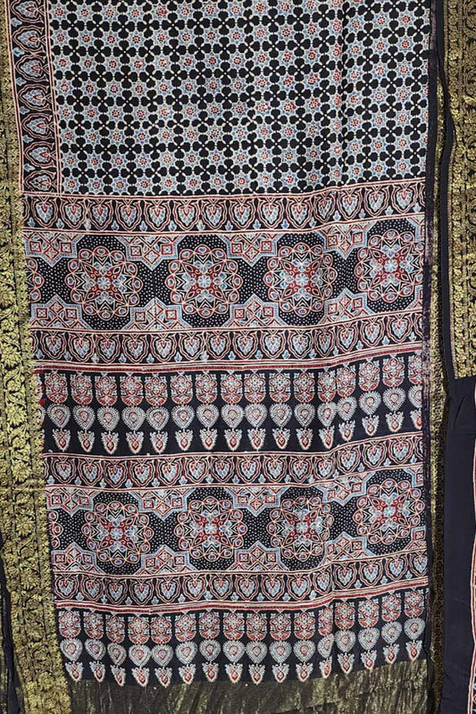 Shop the Stunning Black Ajrakh Block Printed Dola Silk Saree Online - Luxurion World