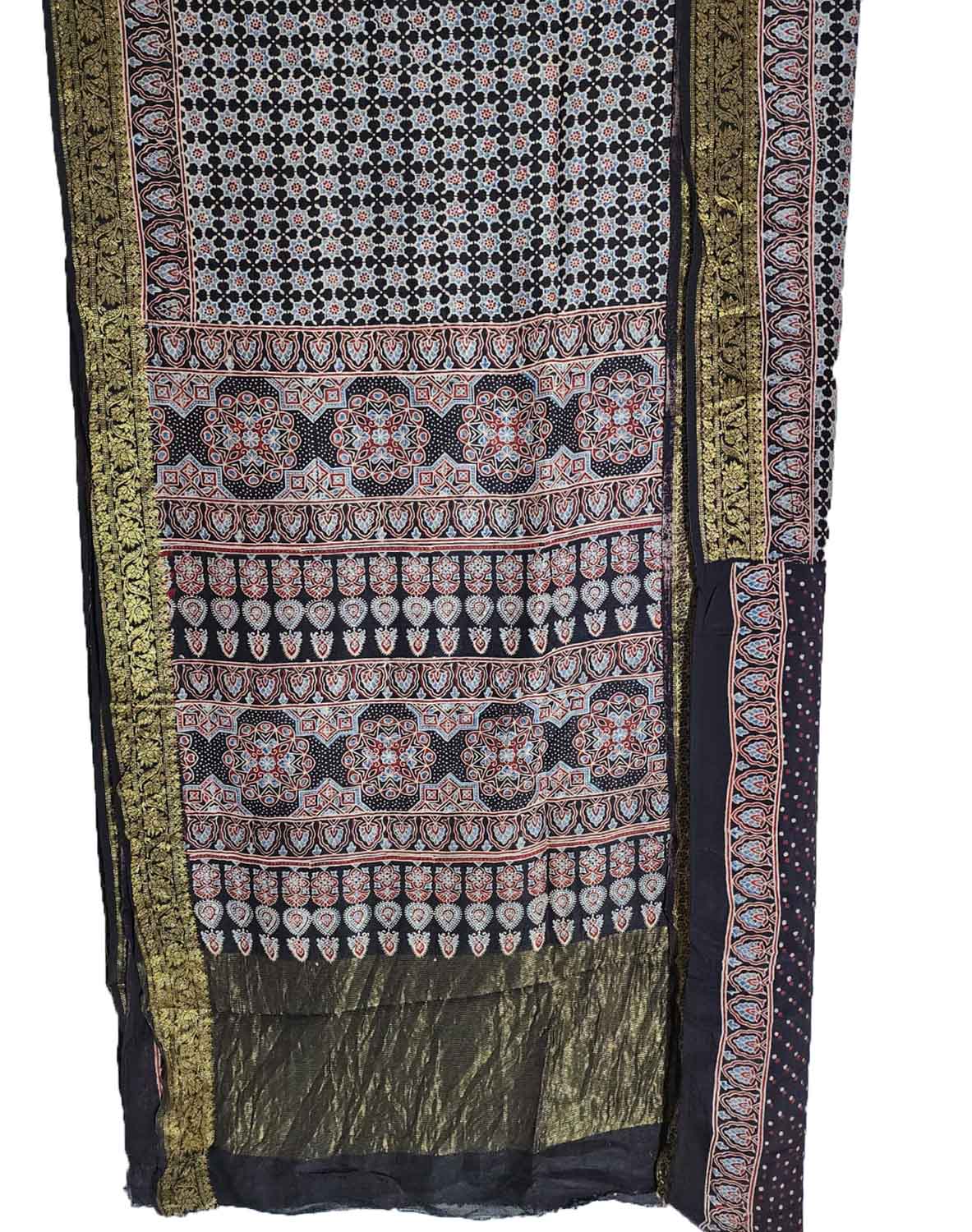 Shop the Stunning Black Ajrakh Block Printed Dola Silk Saree Online - Luxurion World