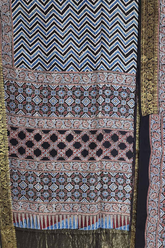 Shop the Exquisite Black Ajrakh Block Printed Dola Silk Saree Online - Luxurion World