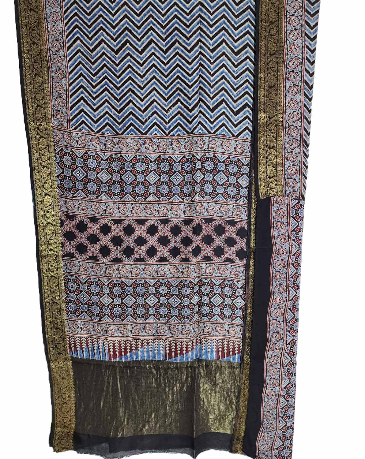 Shop the Exquisite Black Ajrakh Block Printed Dola Silk Saree Online - Luxurion World