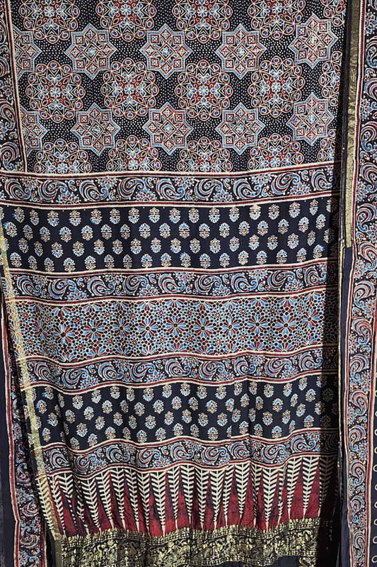 Shop the Exquisite Black Ajrakh Block Printed Dola Silk Saree Online - Luxurion World
