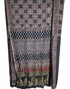 Shop the Exquisite Black Ajrakh Block Printed Dola Silk Saree Online - Luxurion World