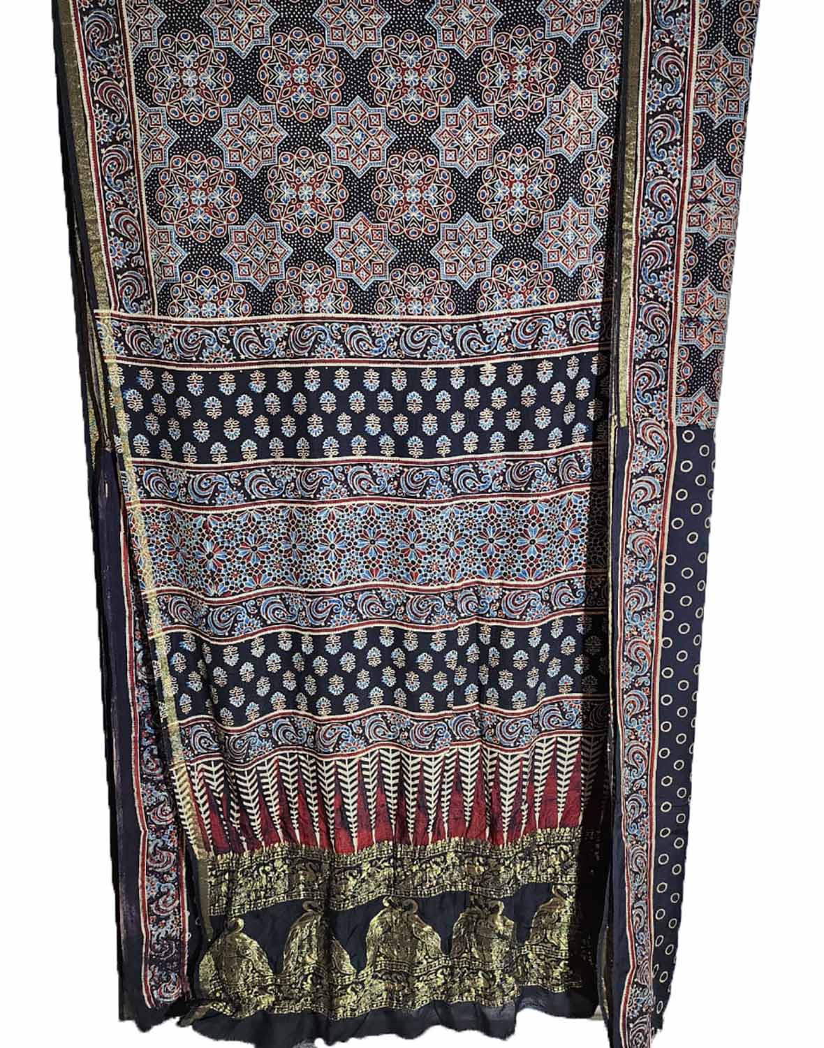 Shop the Exquisite Black Ajrakh Block Printed Dola Silk Saree Online - Luxurion World
