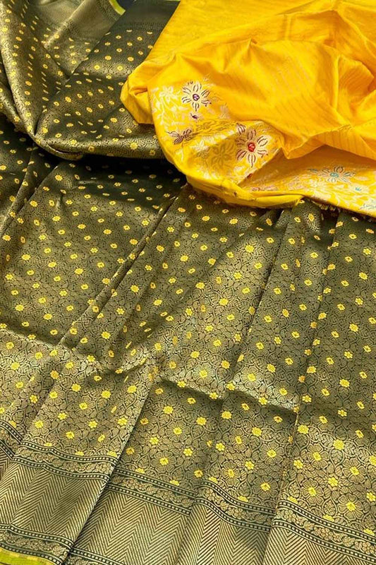 Green And Yellow Banarasi Handloom Pure Katan Silk Meenakari Saree - Luxurion World