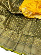 Green And Yellow Banarasi Handloom Pure Katan Silk Meenakari Saree - Luxurion World