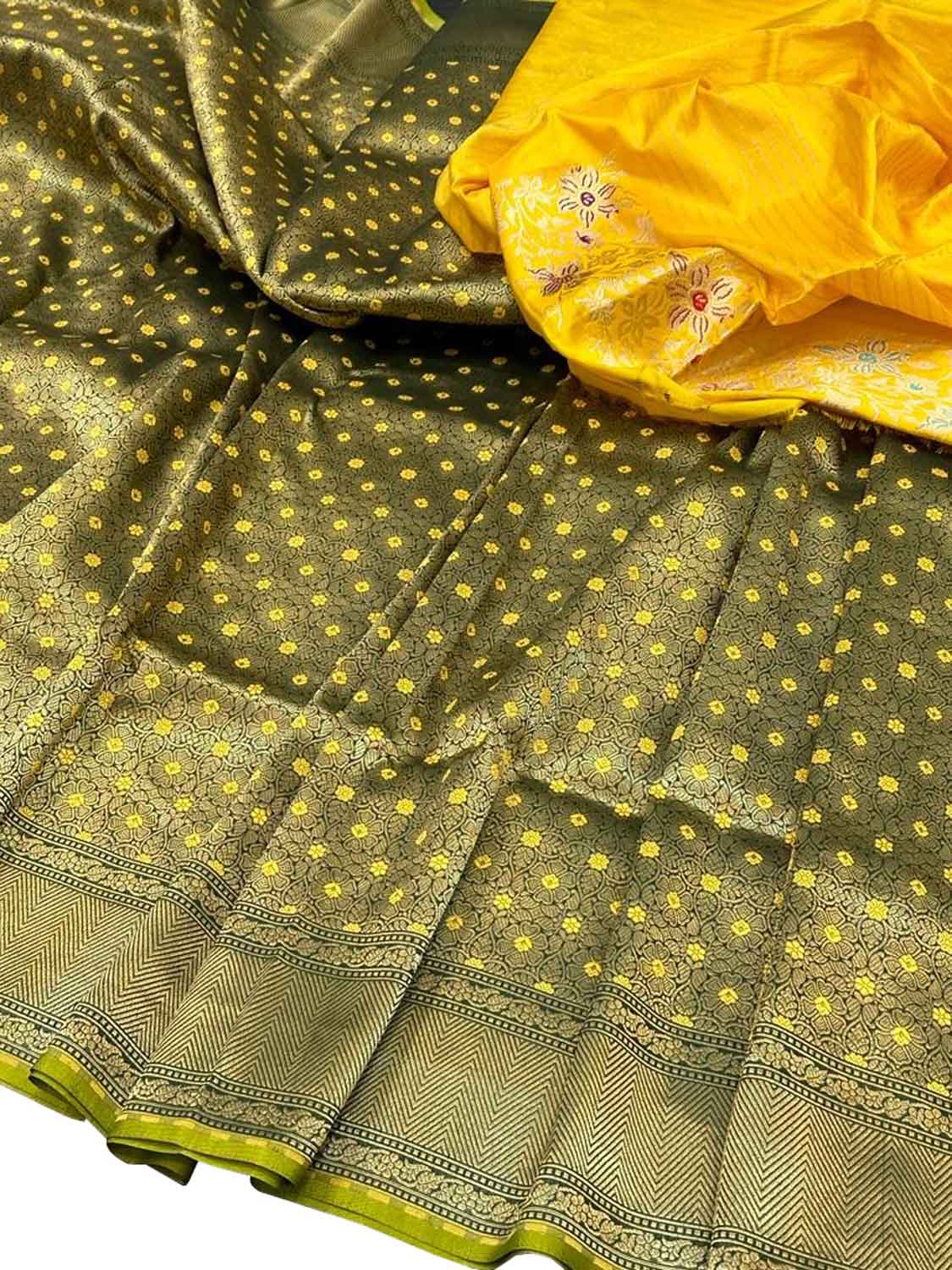 Green And Yellow Banarasi Handloom Pure Katan Silk Meenakari Saree - Luxurion World