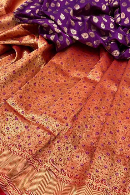Red And Purple Banarasi Handloom Pure Katan Silk Meenakari Saree - Luxurion World