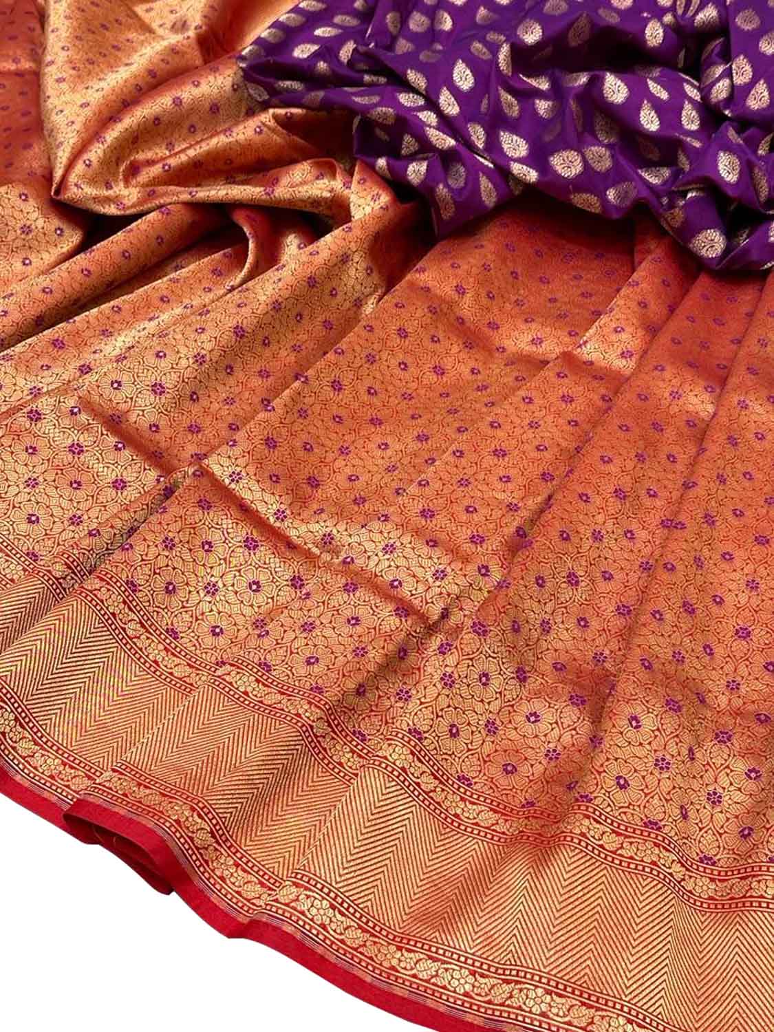Red And Purple Banarasi Handloom Pure Katan Silk Meenakari Saree - Luxurion World