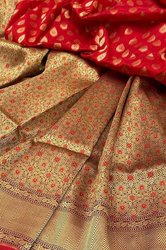 Golden And Red Banarasi Handloom Pure Katan Silk Meenakari Saree - Luxurion World