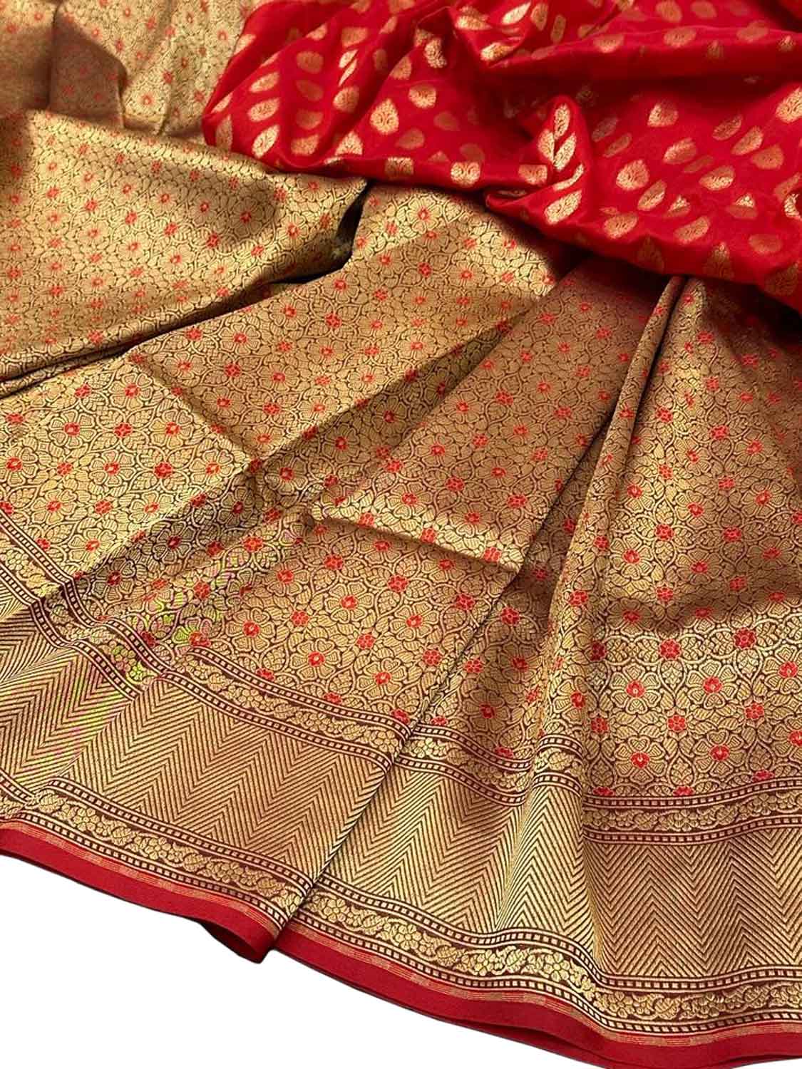 Golden And Red Banarasi Handloom Pure Katan Silk Meenakari Saree - Luxurion World