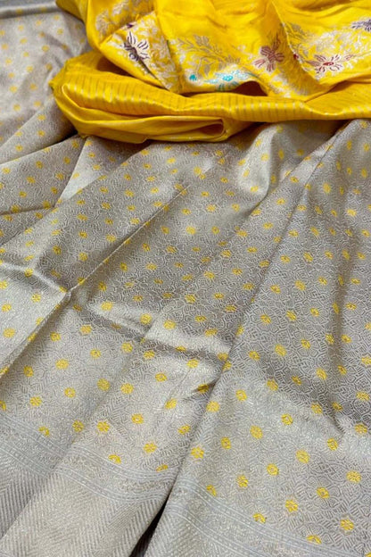 Grey And Yellow Banarasi Handloom Pure Katan Silk Meenakari Saree - Luxurion World