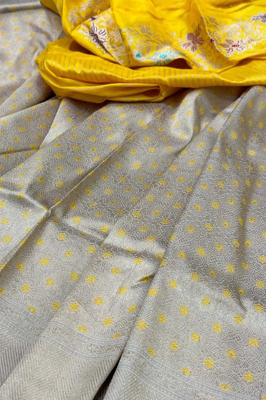 Grey And Yellow Banarasi Handloom Pure Katan Silk Meenakari Saree - Luxurion World