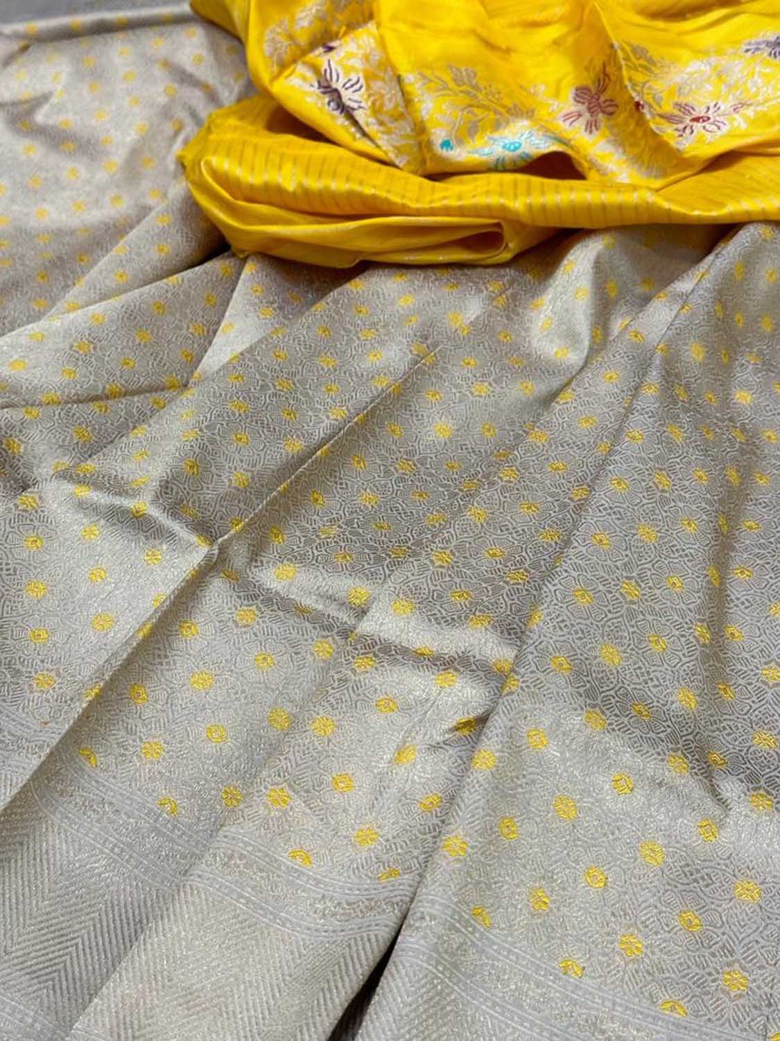 Grey And Yellow Banarasi Handloom Pure Katan Silk Meenakari Saree - Luxurion World