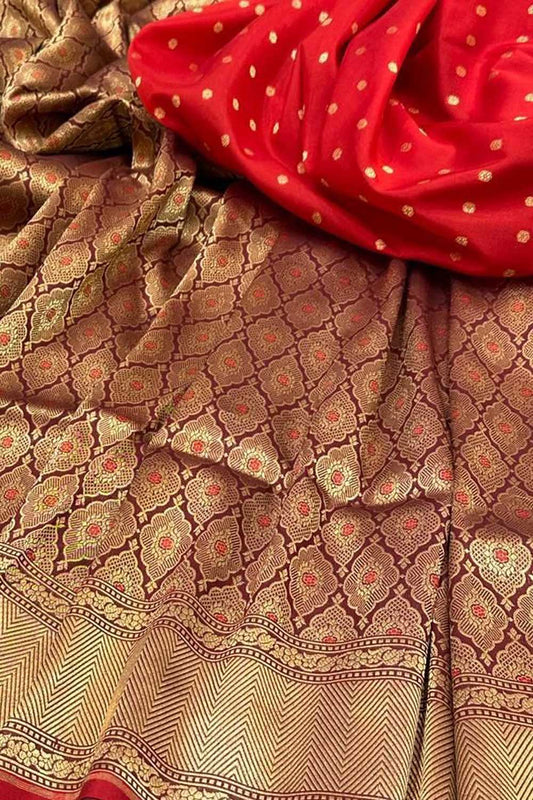 Maroon And Red Banarasi Handloom Pure Katan Silk Meenakari Saree - Luxurion World