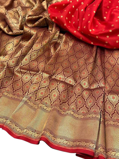 Maroon And Red Banarasi Handloom Pure Katan Silk Meenakari Saree - Luxurion World