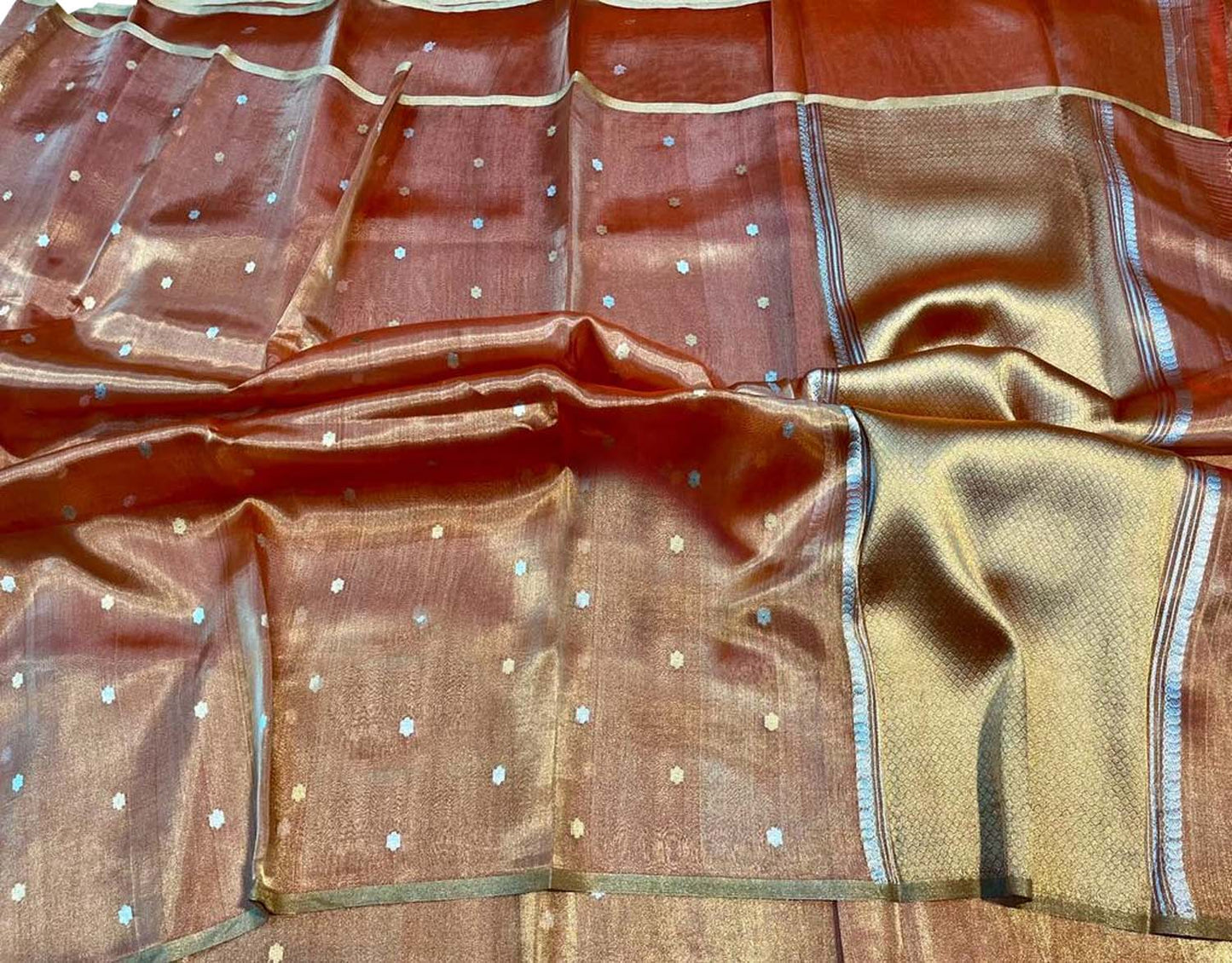 Elegant Orange Banarasi Handloom Pure Tissue Silk Sona Roopa Saree - Luxurion World