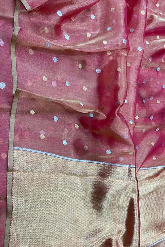 Elegant Pink Banarasi Handloom Pure Tissue Silk Sona Roopa Saree - Luxurion World