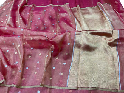 Elegant Pink Banarasi Handloom Pure Tissue Silk Sona Roopa Saree - Luxurion World