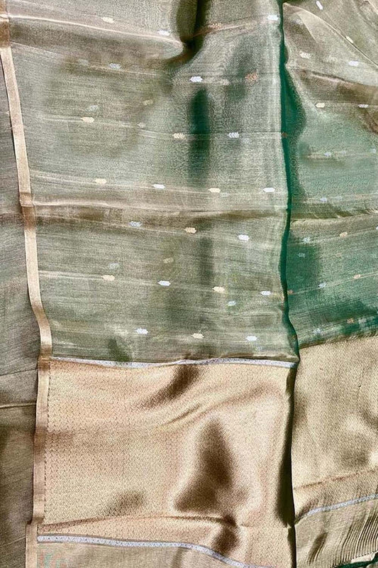 Exquisite Green Banarasi Handloom Pure Tissue Silk Sona Roopa Saree
