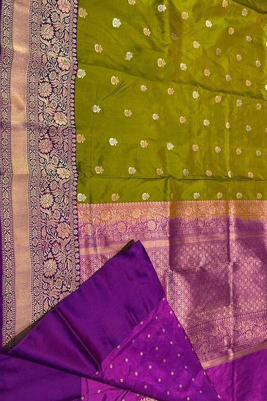 Green Banarasi Handloom Pure Katan Silk Saree - Luxurion World