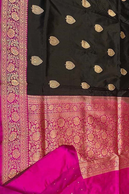 Black Banarasi Handloom Pure Katan Silk Saree - Luxurion World