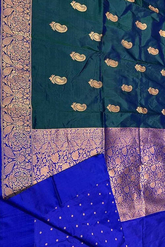 Green And Blue Banarasi Handloom Pure Katan Silk Saree - Luxurion World