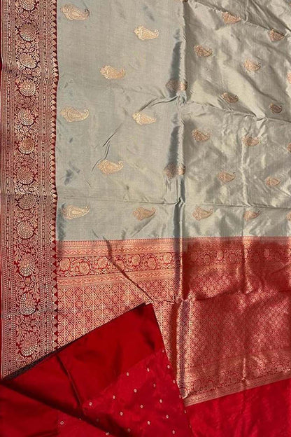 Grey Banarasi Handloom Pure Katan Silk Saree - Luxurion World