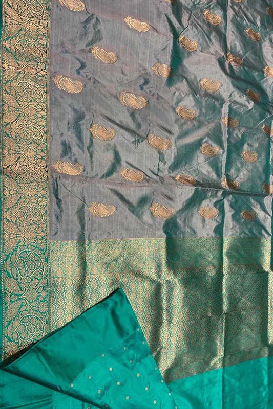 Grey Banarasi Handloom Pure Katan Silk Saree - Luxurion World