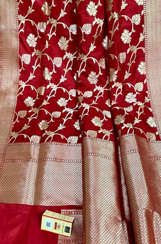 Red Handloom Banarasi Khaddi Pure Katan Silk Saree - Luxurion World