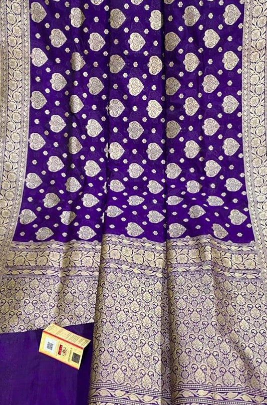 Purple Handloom Banarasi Khaddi Pure Katan Silk Saree - Luxurion World