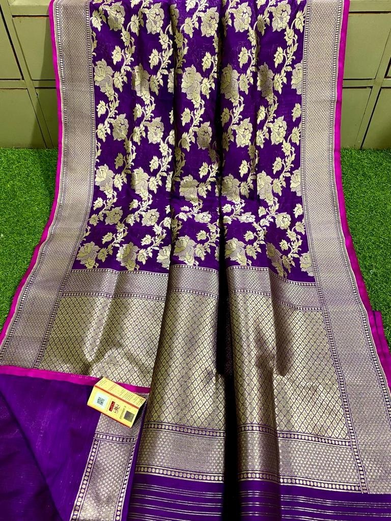 Purple Handloom Banarasi Khaddi Pure Katan Silk Saree - Luxurion World