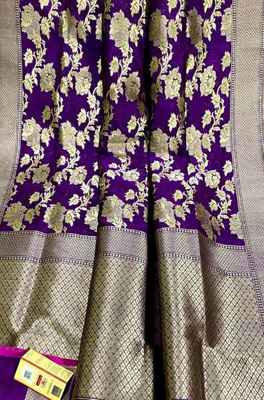 Purple Handloom Banarasi Khaddi Pure Katan Silk Saree - Luxurion World