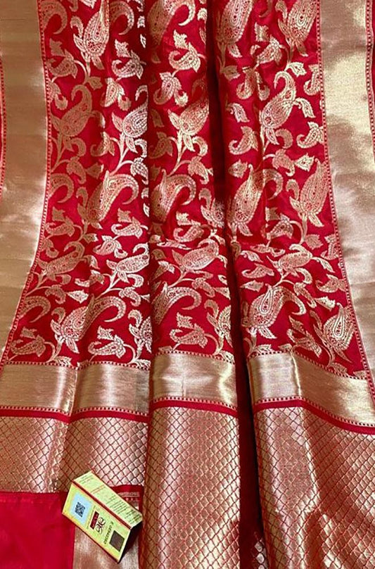 Red Handloom Banarasi Khaddi Pure Katan Silk Saree - Luxurion World