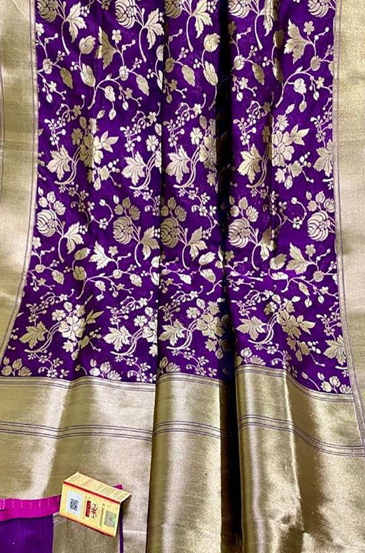 Purple Handloom Banarasi Khaddi Pure Katan Silk Saree - Luxurion World