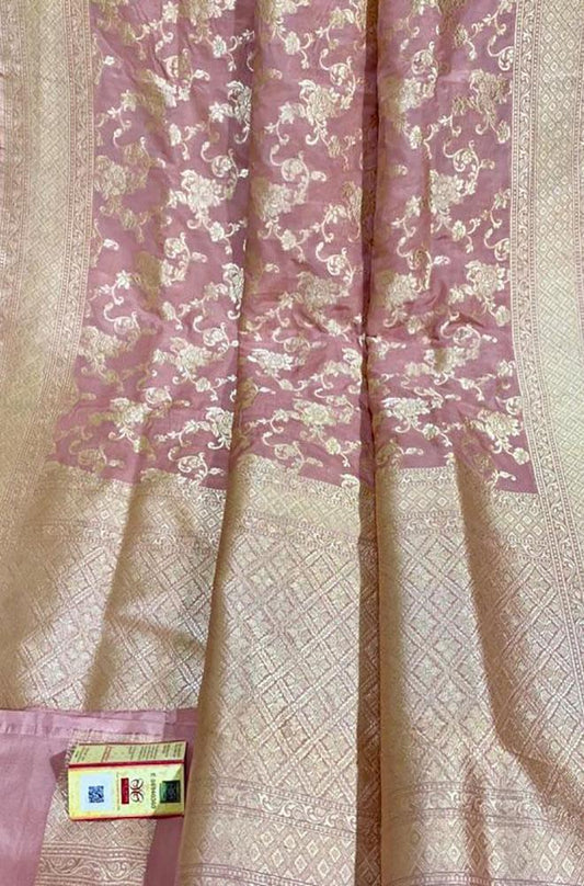 Pink Handloom Banarasi Khaddi Pure Katan Silk Saree - Luxurion World