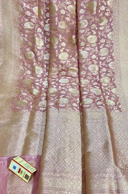 Pink Handloom Banarasi Khaddi Pure Katan Silk Saree - Luxurion World