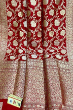 Red Handloom Banarasi Khaddi Pure Katan Silk Saree - Luxurion World
