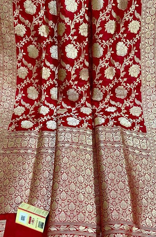 Red Handloom Banarasi Khaddi Pure Katan Silk Saree - Luxurion World