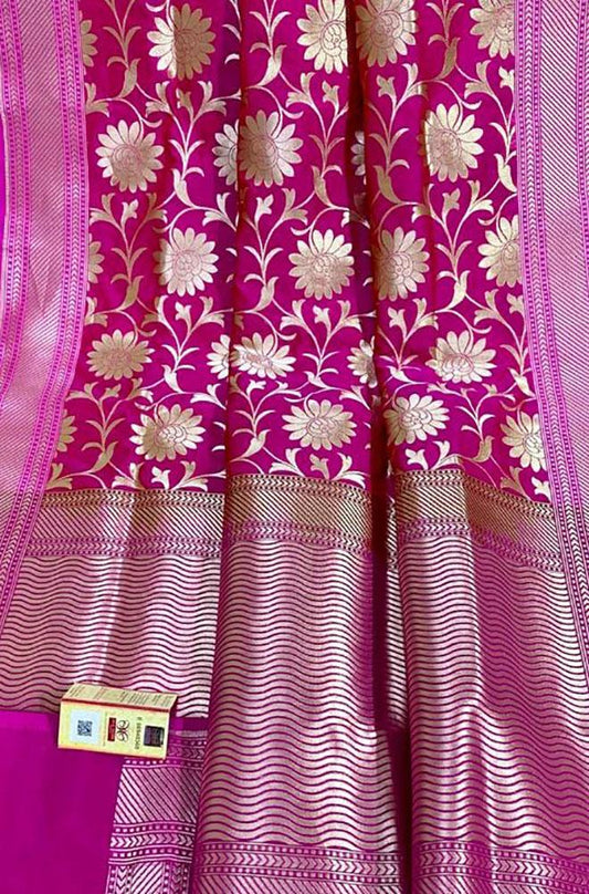 Pink Handloom Banarasi Khaddi Pure Katan Silk Saree - Luxurion World