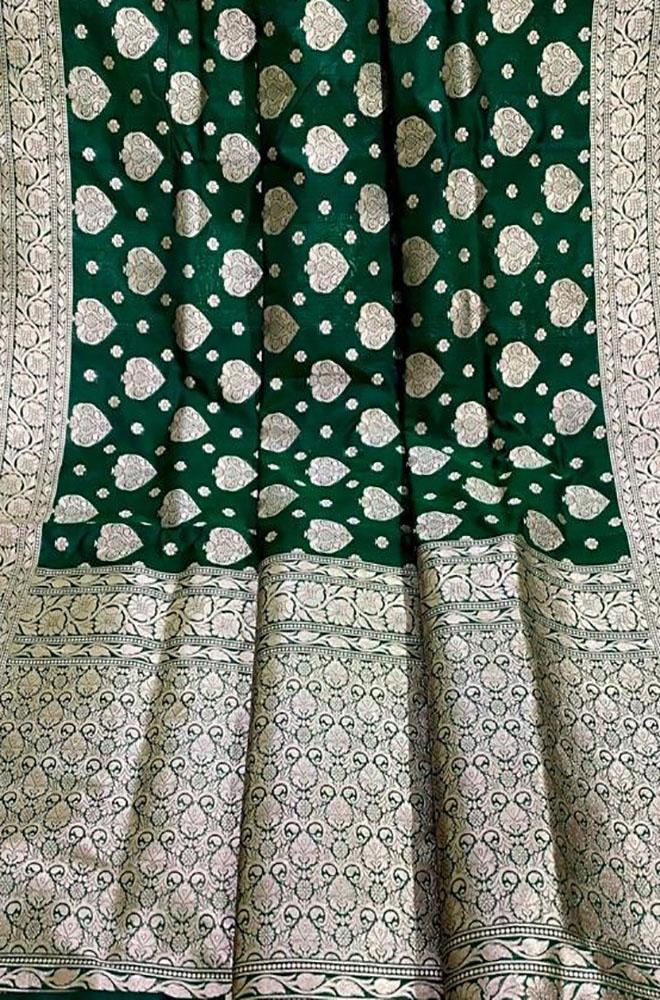 Green Handloom Banarasi Khaddi Pure Katan Silk Saree - Luxurion World